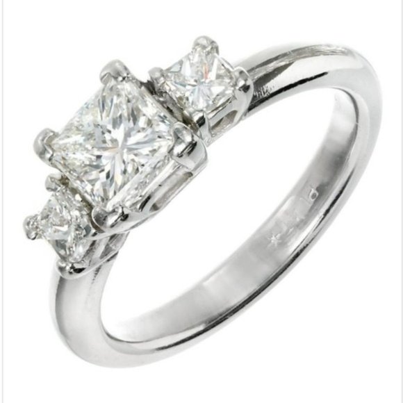 14K White Gold 1 CARAT Princess Cut 3 Stone Diamond Ring 7 - Picture 1 of 5